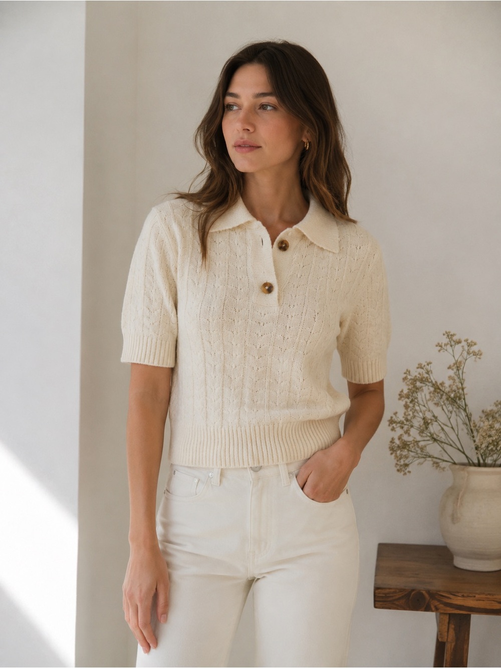 LOW CLASSIC Wool Knit Polo Top Ivory Cream Short Sleeve Collared size Small